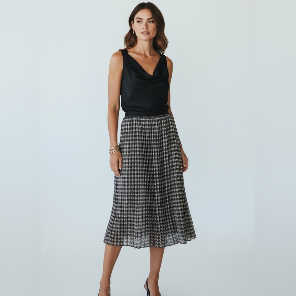TED BAKER LONDON PLEATED MIDI/MAXI SKIRT Size 6 (U.S. 12) Black Gray White Check